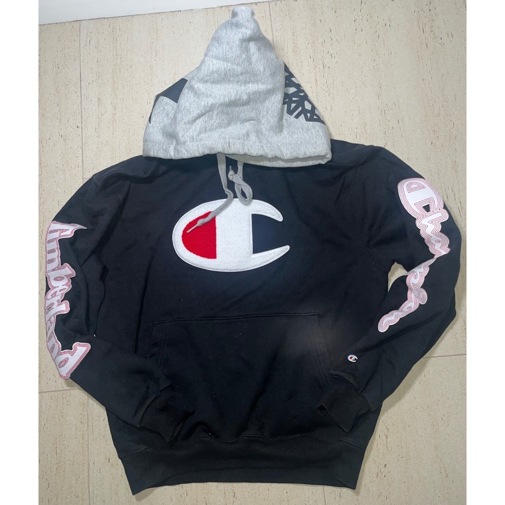 Champion x Timberland Sport Luxe Hoodie Black Gray Big C Logo Streetwear Medium